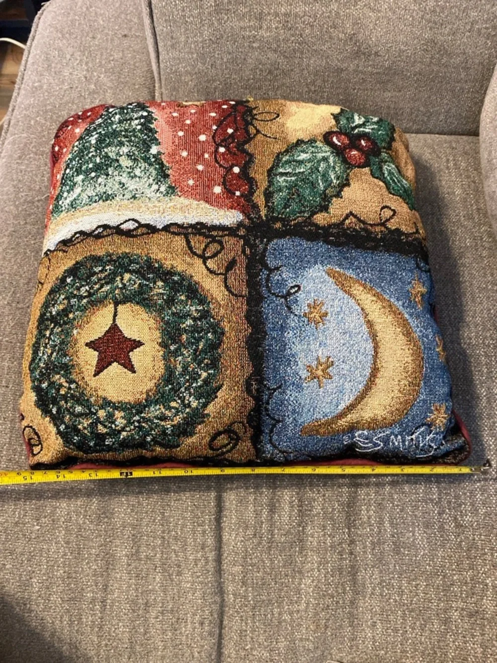 Vintage Christmas Tapestry Pillow Tree Wreath Moon Holly